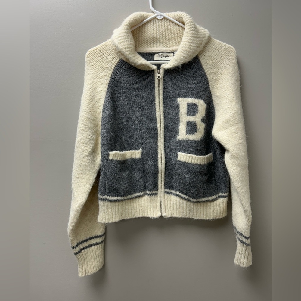 RD Style Conscious Cream & Grey Varsity Zip-Up Knit Cardigan